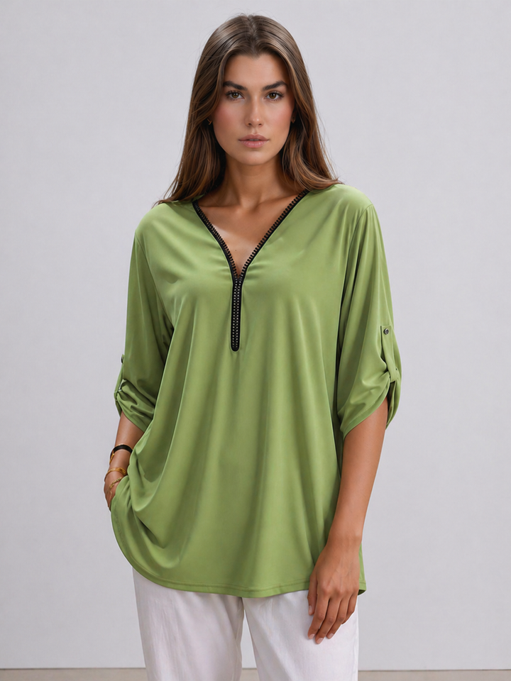 Green V-Neck Zip Detail Tunic Chic Top