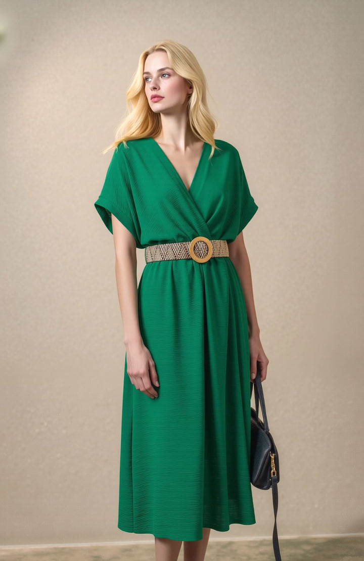 Green Wrap Midi Dress Elegant Summer Occasion Dress with Belt