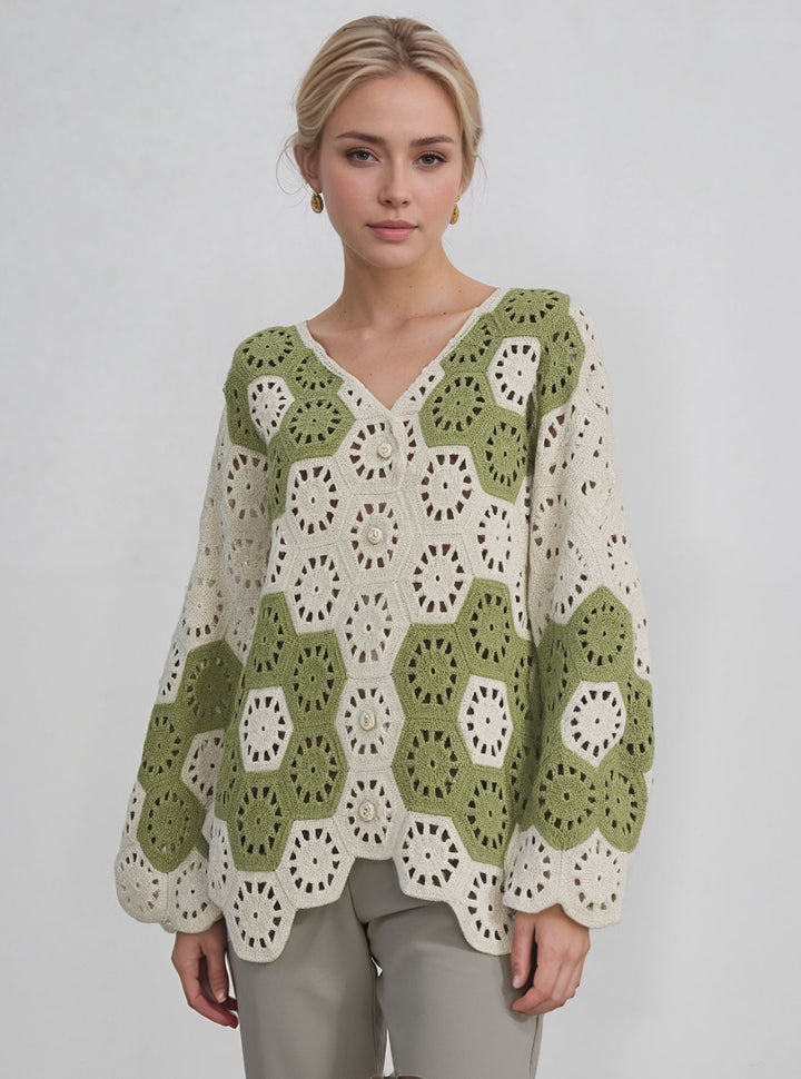 Green & Cream Crochet Button Front Cardigan