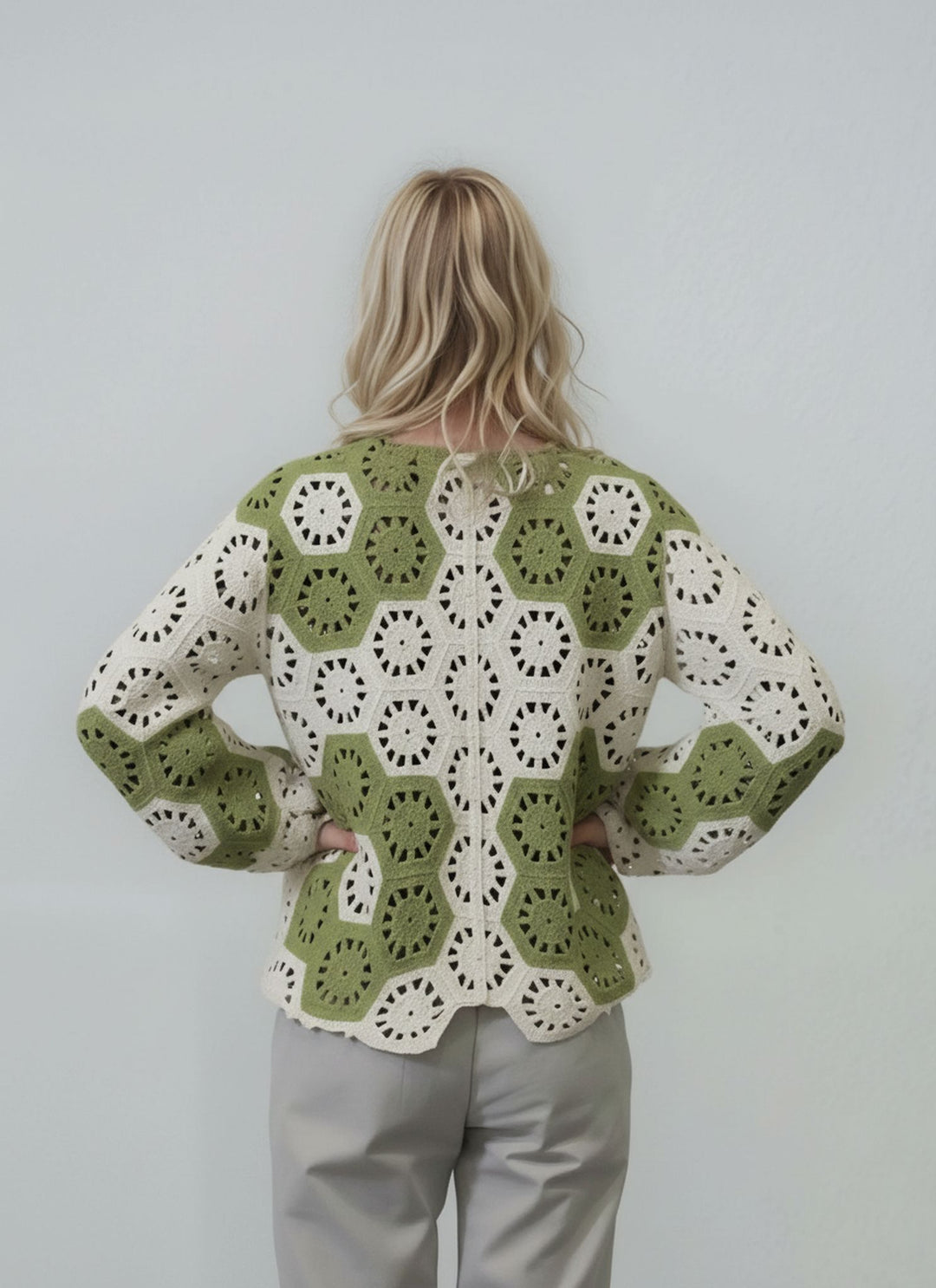 Green & Cream Crochet Button Front Cardigan