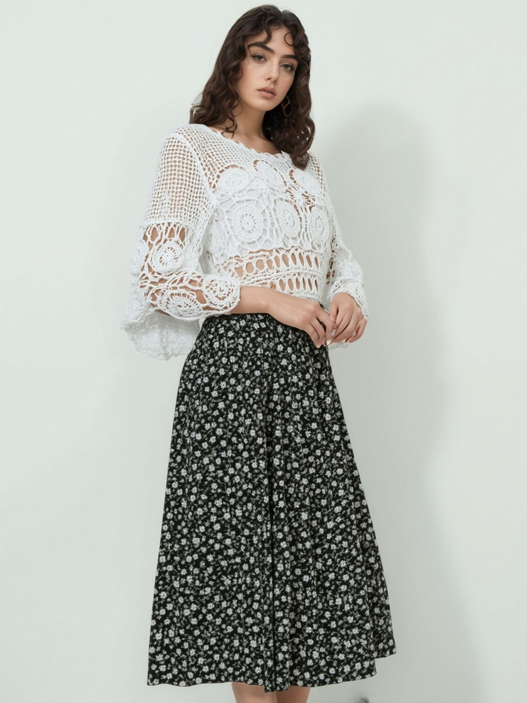 Green & White Floral Pattern Elasticated Skirt