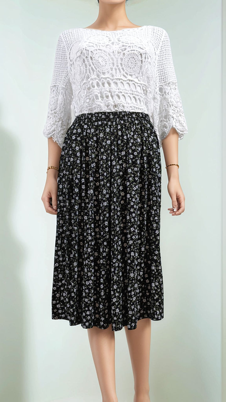 Green & White Floral Pattern Elasticated Skirt