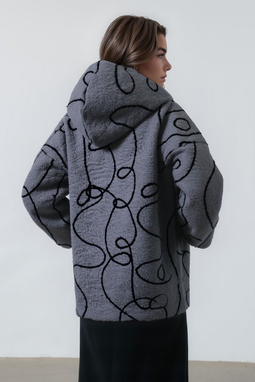 Grey Bouclé Fleece Zip Up Hooded Jacket