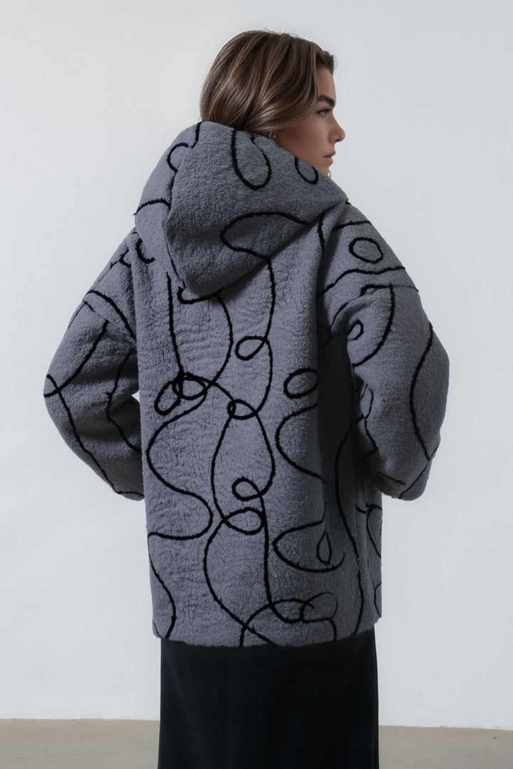 Grey Bouclé Fleece Zip Up Hooded Jacket