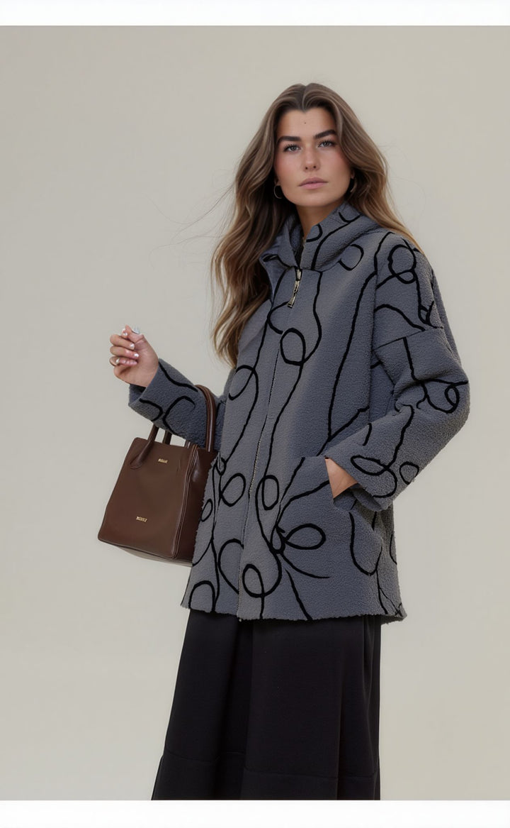 Grey Bouclé Fleece Zip Up Hooded Jacket