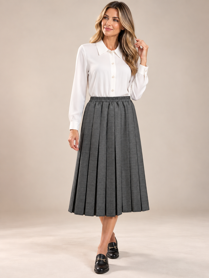 Grey Check Pleated Lined Elasticated Straight Skirt