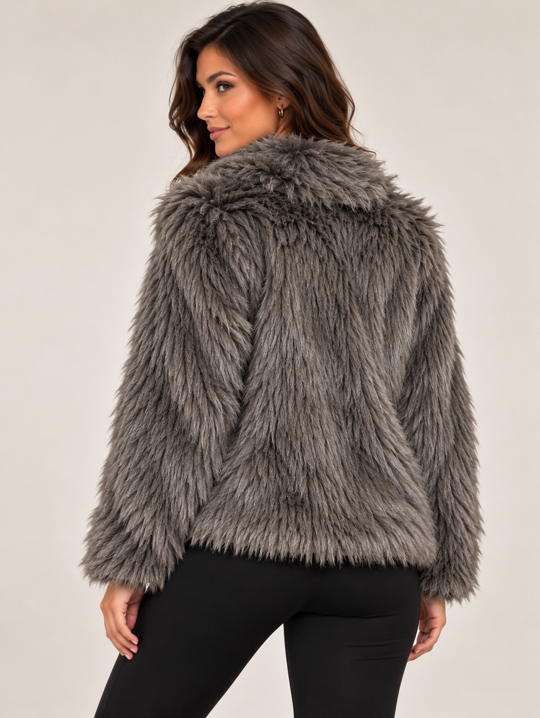 Grey Collar Luxury Long Pile Faux Fur Zip-Up Jacket