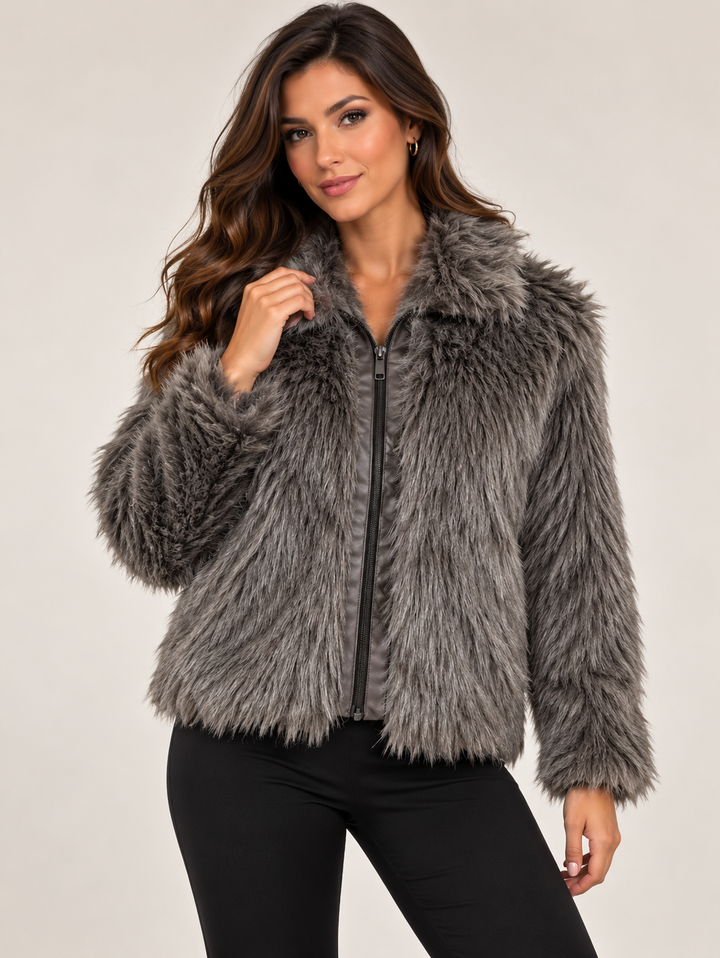 Grey Collar Luxury Long Pile Faux Fur Zip-Up Jacket