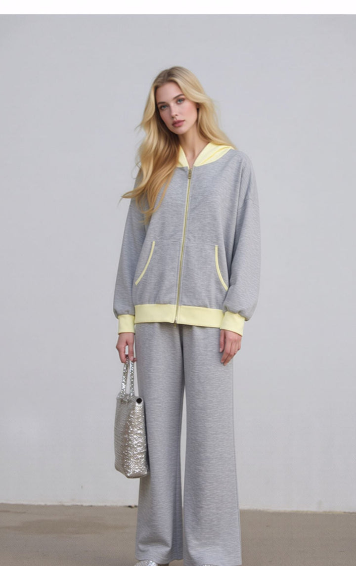 Grey Contrast Zip Hoodie Loungewear Set