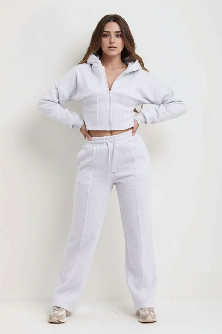 Grey Corset Cropped Zip-Up Hoodie & Wide Leg Joggers Loungewear Set