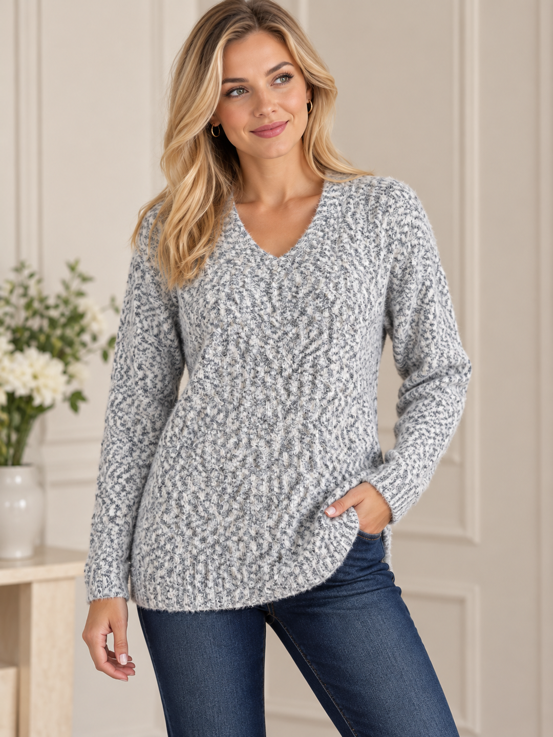 Grey Mix Chunky Soft Knit V-Neck Jumper