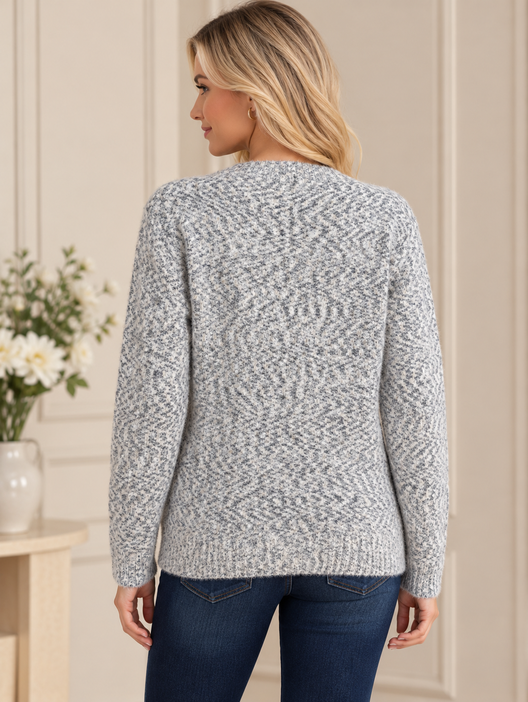 Grey Mix Chunky Soft Knit V-Neck Jumper