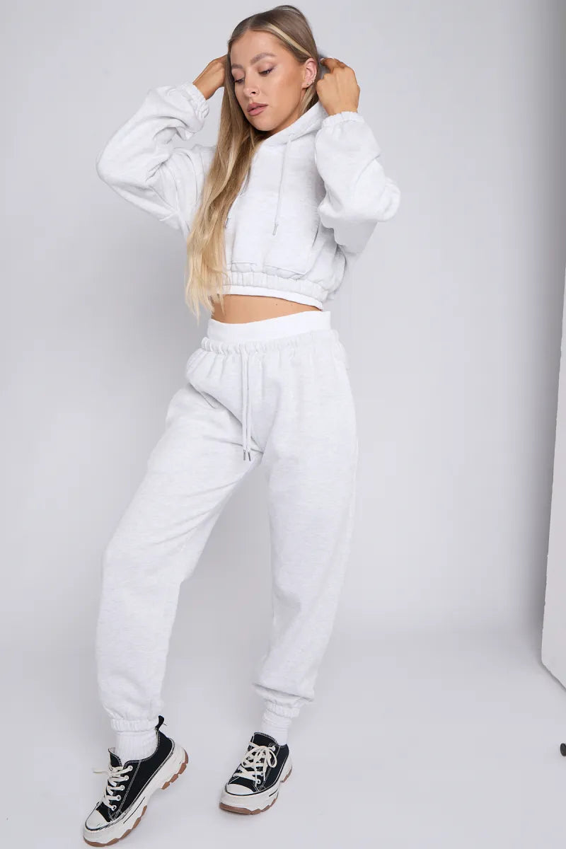 Grey Rib Trim Detail Cropped Hoodie & Joggers Loungewear Set