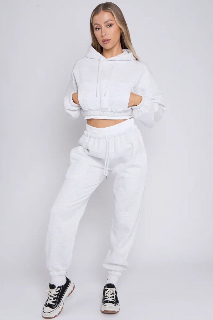 Grey Rib Trim Detail Cropped Hoodie & Joggers Loungewear Set