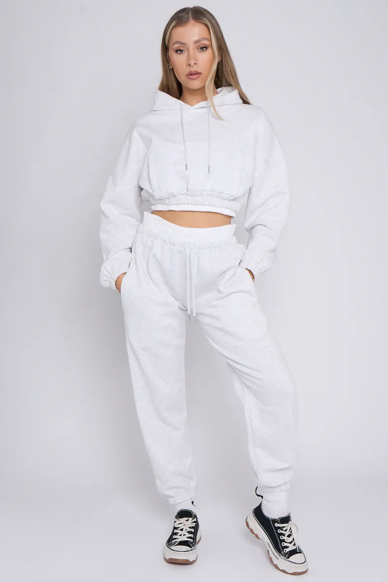 Grey Rib Trim Detail Cropped Hoodie & Joggers Loungewear Set