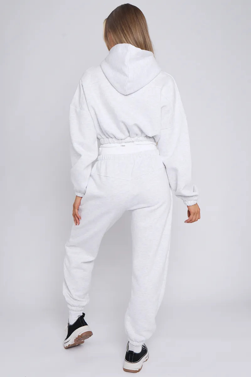 Grey Rib Trim Detail Cropped Hoodie & Joggers Loungewear Set