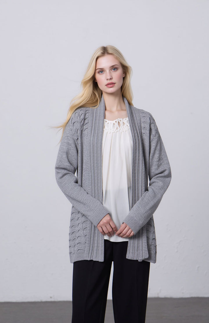 Grey Scallop Edge to Edge Open Cardigan