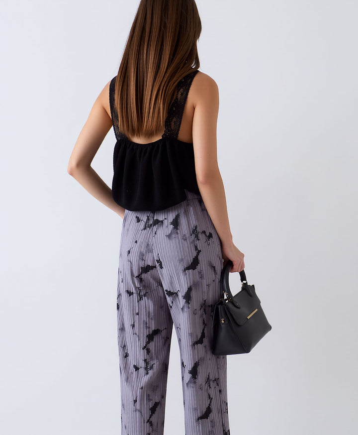 Grey Tie Dye Crinkle Pleated Wide Leg Trousers Elasticated Waist Printed Pants