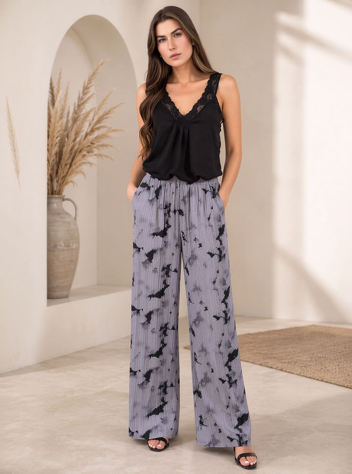 Grey Tie Dye Crinkle Pleated Wide Leg Trousers Elasticated Waist Printed Pants