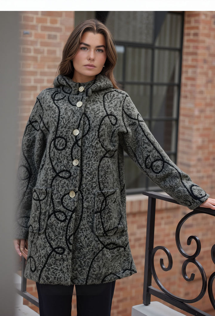 Grey Warm Bouclé Winter Stylish Pattern Coat