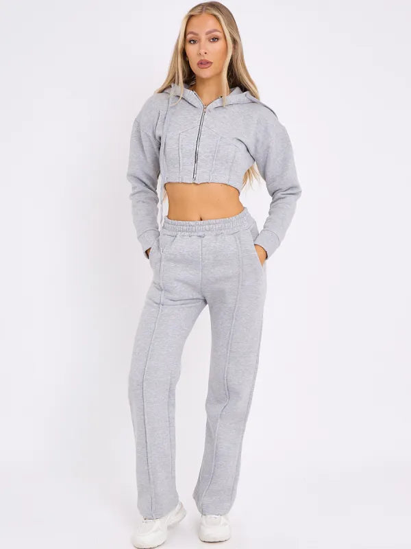 Grey Zip Up Cropped Hoodie & Wide Leg Joggers Loungewear Set