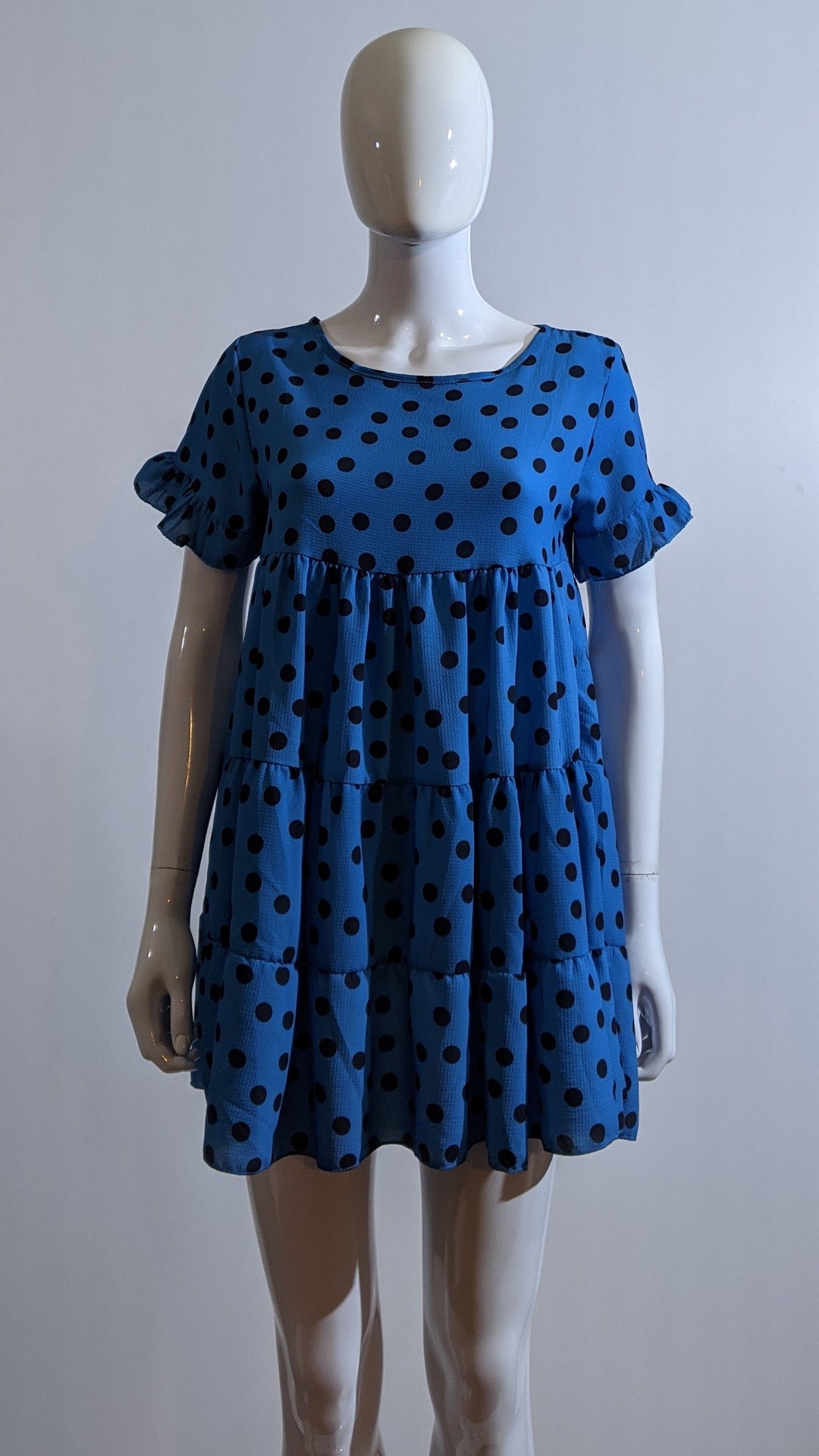 Blue Polka Dot Print Tiered Smock Dress