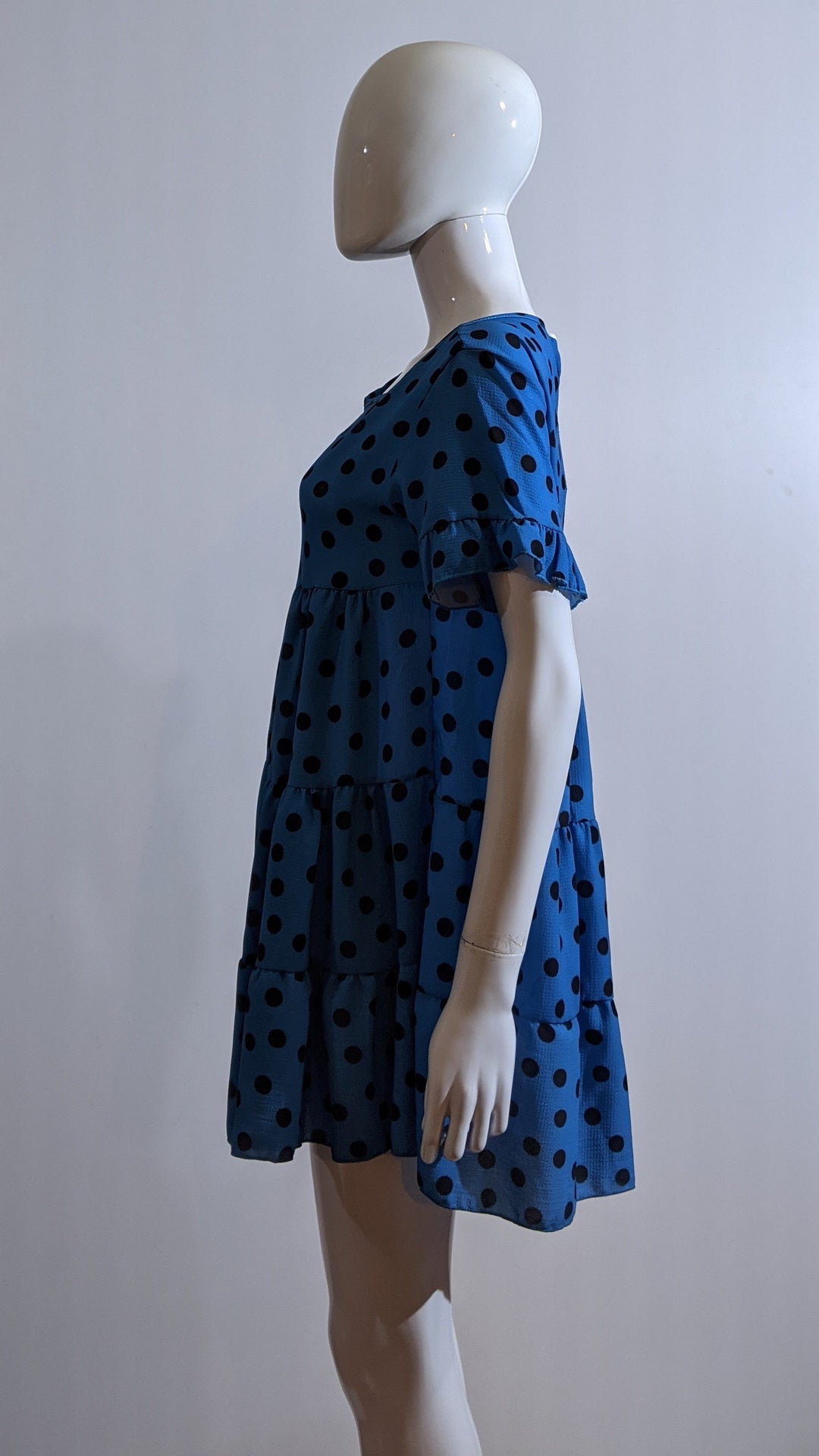 Blue Polka Dot Print Tiered Smock Dress