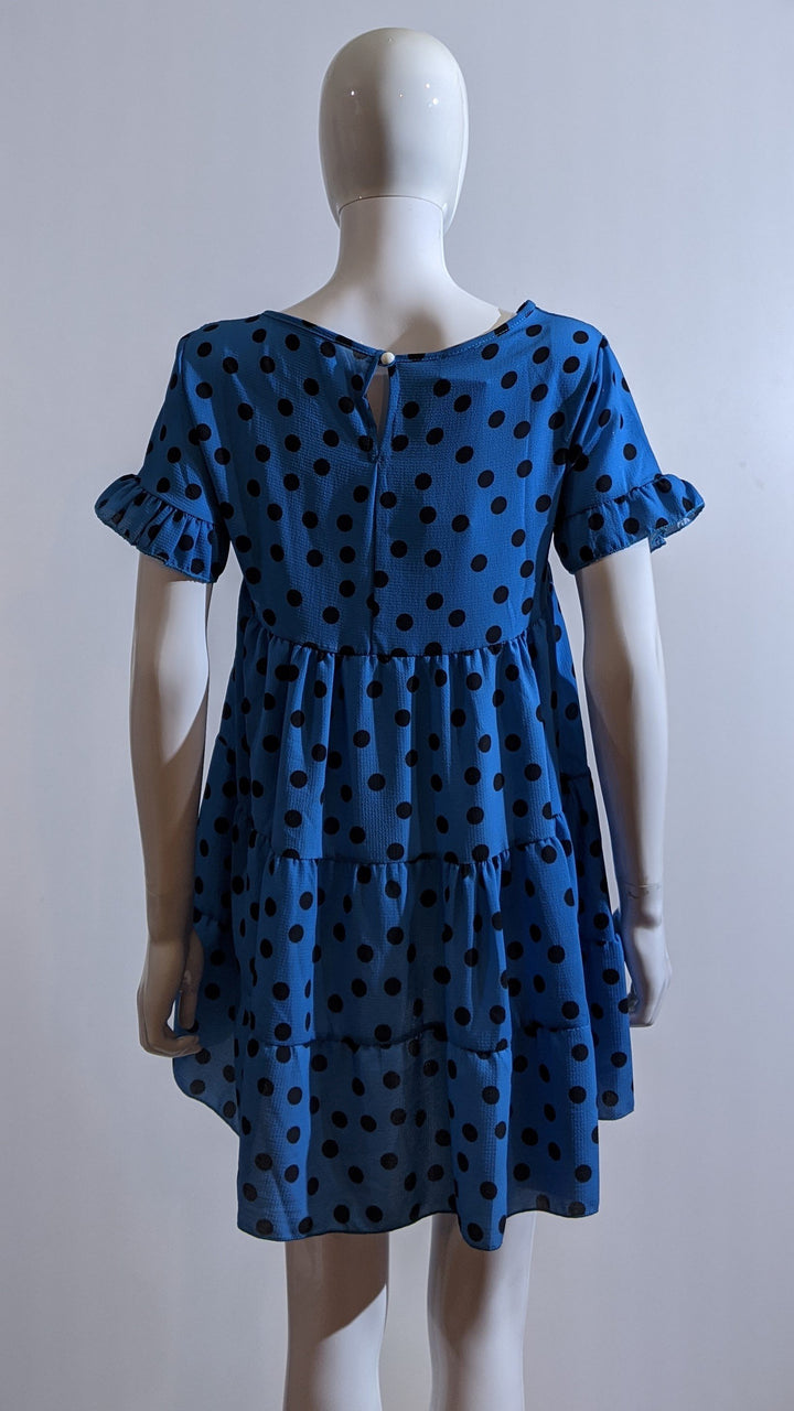 Blue Polka Dot Print Tiered Smock Dress