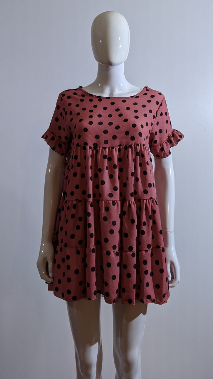 Pink Polka Dot Print Tiered Smock Dress