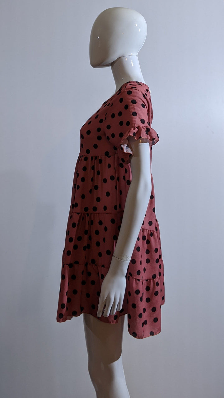 Pink Polka Dot Print Tiered Smock Dress