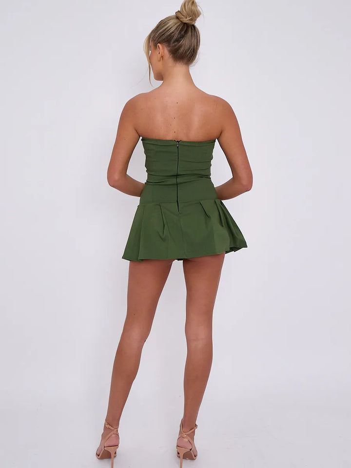 Khaki Green Bandeau Buckle Detail Pleated Mini Skort Dress