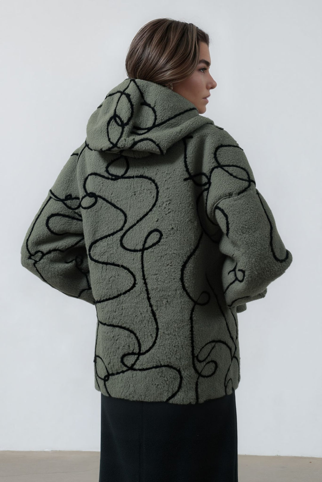 Khaki Green Bouclé Fleece Zip Up Hooded Jacket