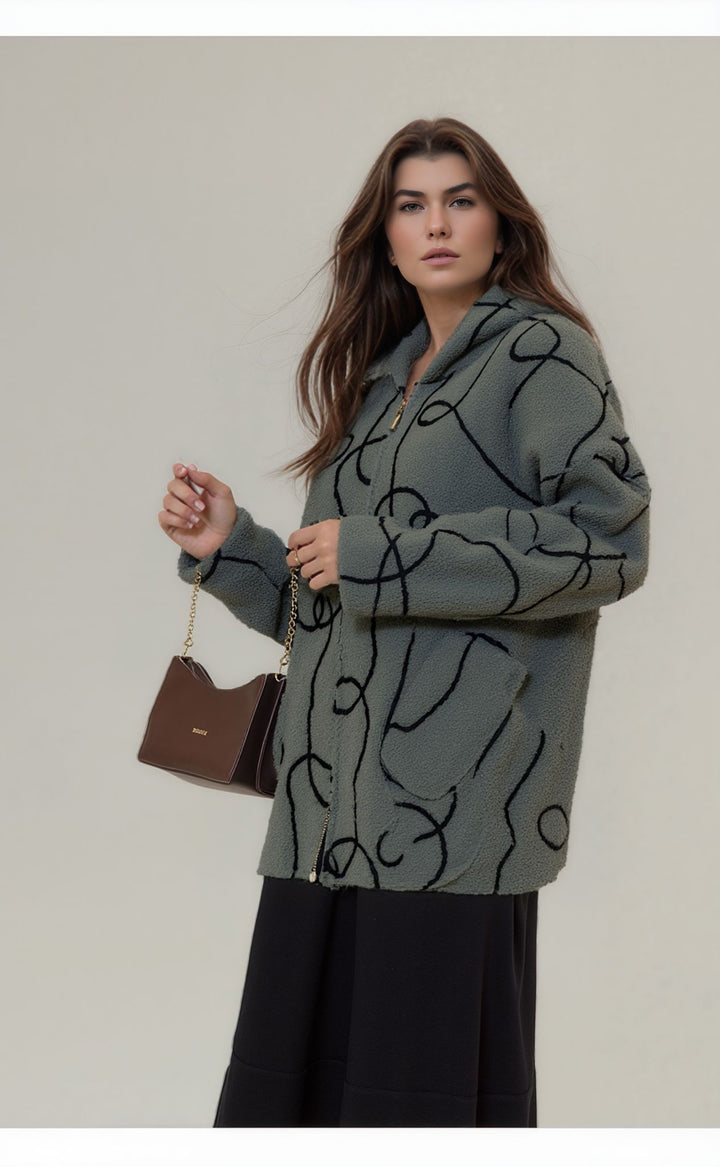 Khaki Green Bouclé Fleece Zip Up Hooded Jacket