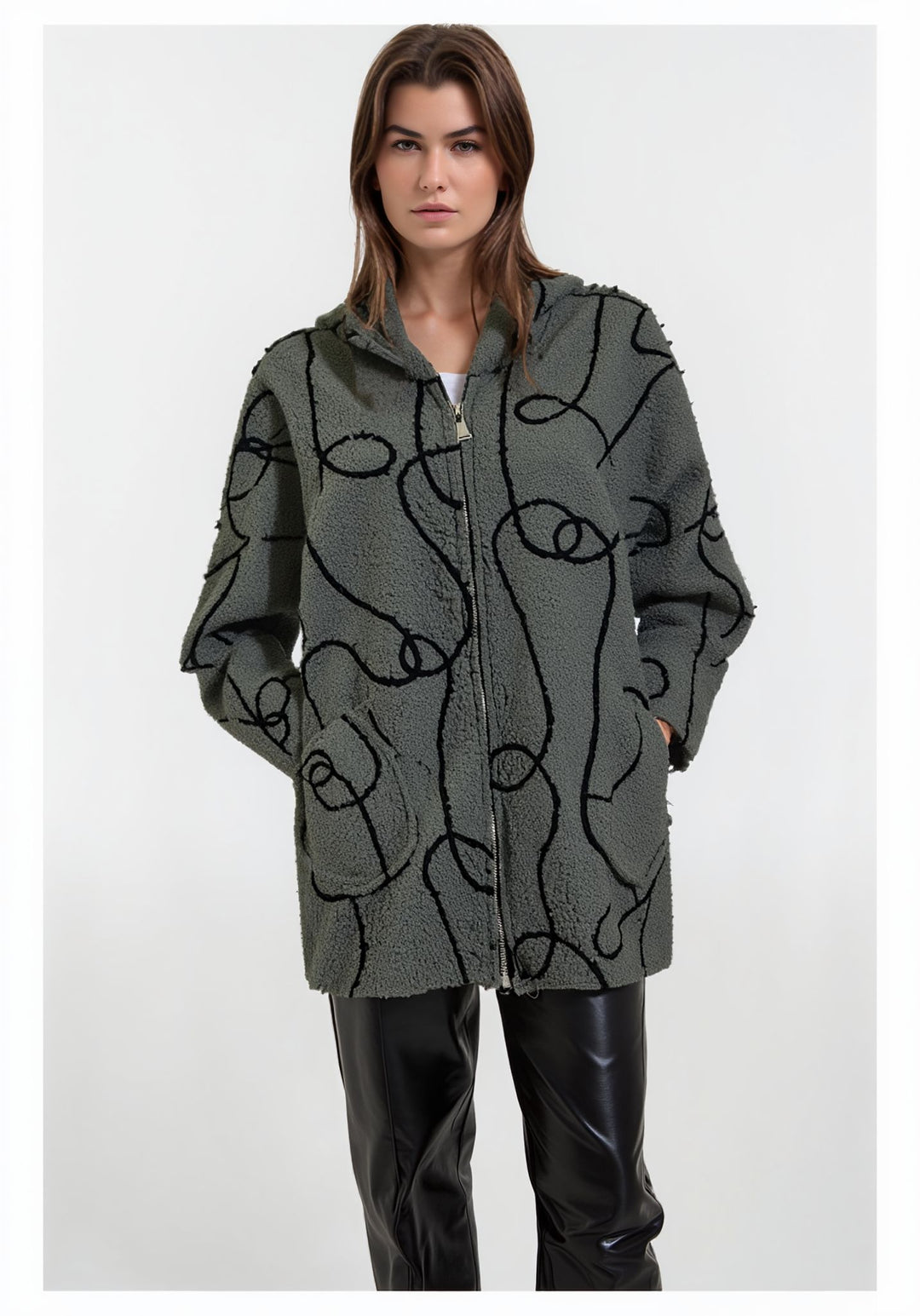 Khaki Green Bouclé Fleece Zip Up Hooded Jacket