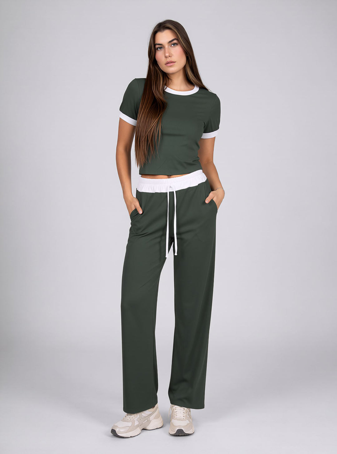 Khaki Green Contrast Trim Lounge Set with Wide Leg Pants & Cropped T-Shirt Co-ord