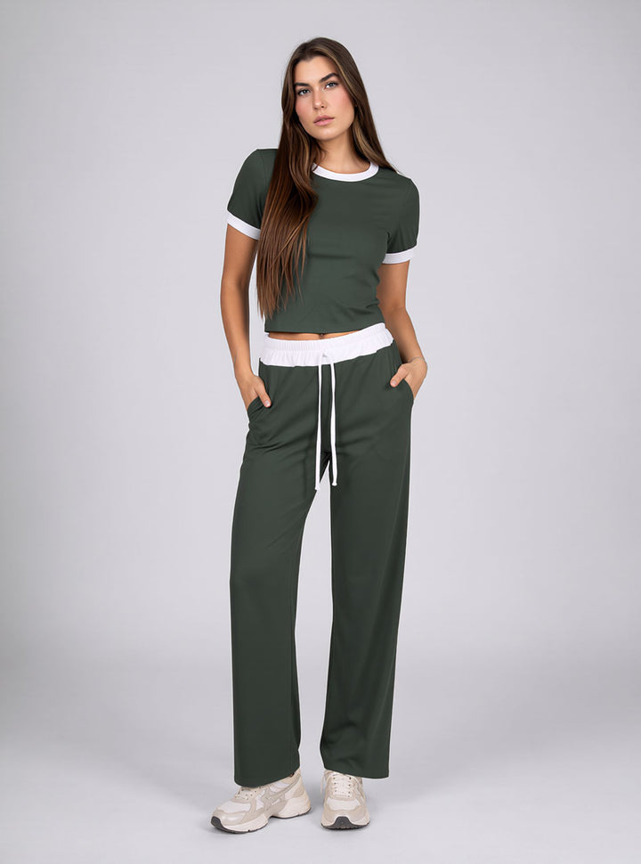 Khaki Green Contrast Trim Lounge Set with Wide Leg Pants & Cropped T-Shirt Co-ord