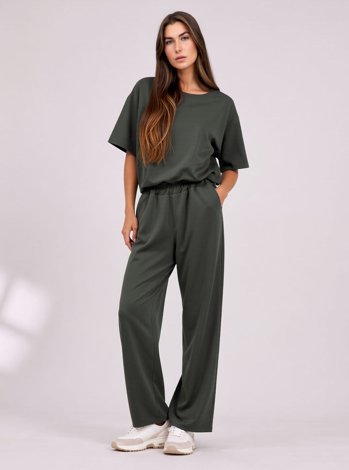 Khaki Green Cropped Top & Wide Leg Trouser Set with Seam Detail Co-ord
