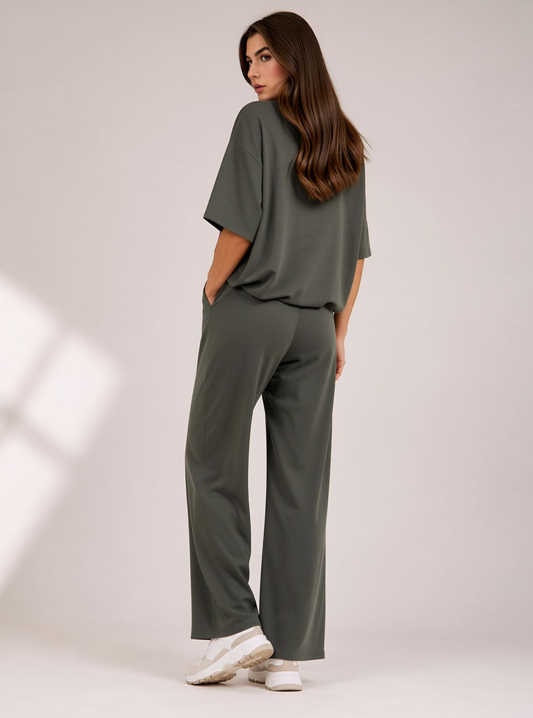 Khaki Green Cropped Top & Wide Leg Trouser Set with Seam Detail Co-ord