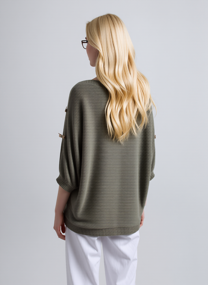 Khaki Green Knit Top with Button Sleeve Detail