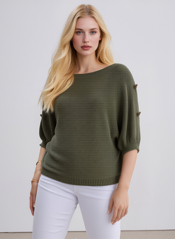Khaki Green Knit Top with Button Sleeve Detail