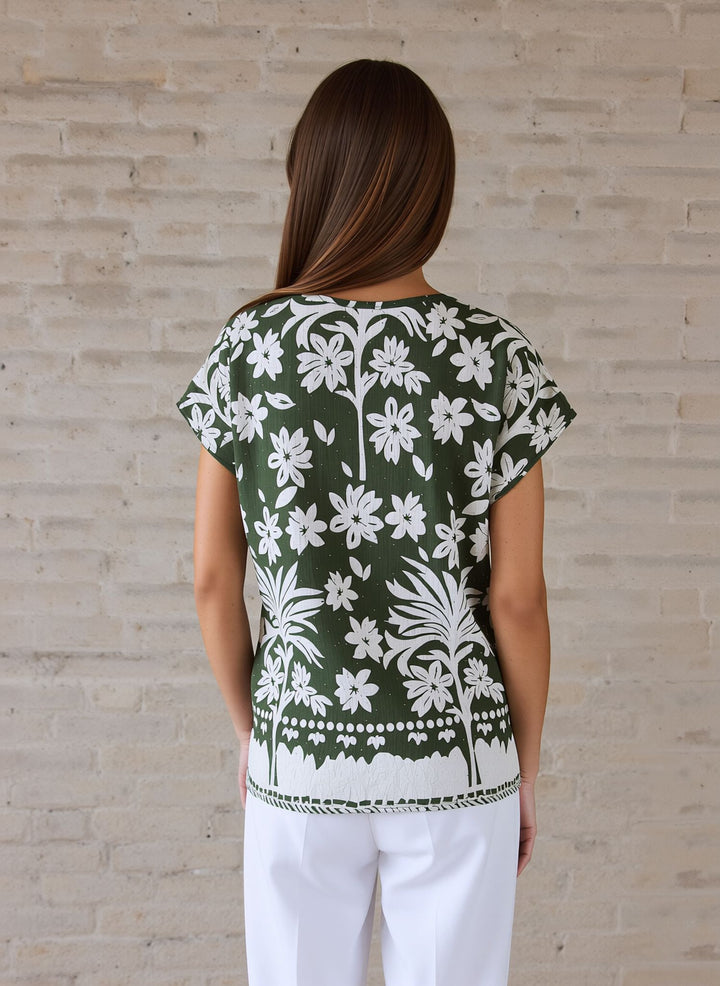 Khaki Green Relaxed Fit Short Sleeve Tunic Top Lightweight Cotton Rich Casual Summer Shirt