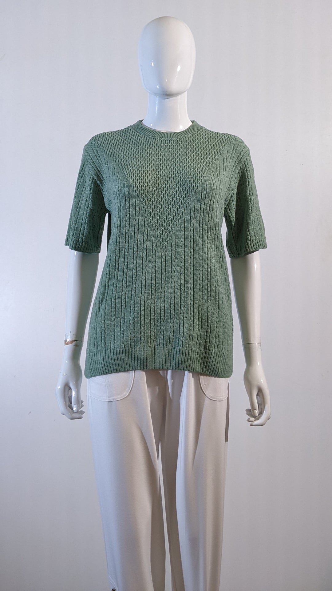 Khaki Green Ribbed Design Short Sleeve Jumper