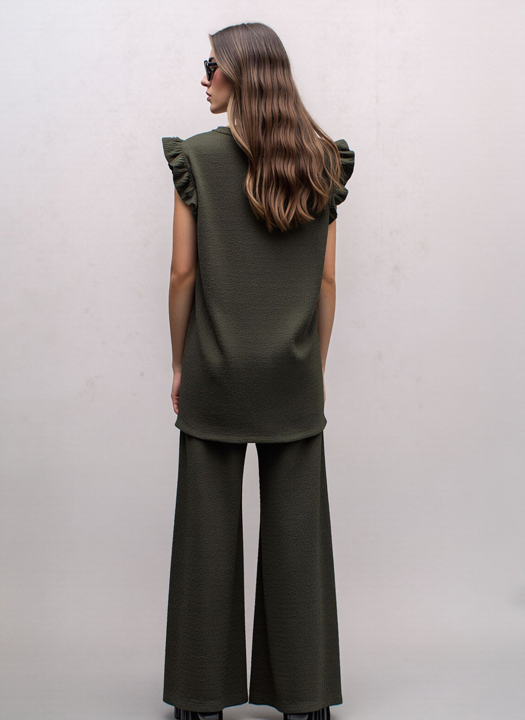 Khaki Green Textured Frill Sleeve Co-Ord Lounge Set Wide Leg Trousers Two Piece Outfit