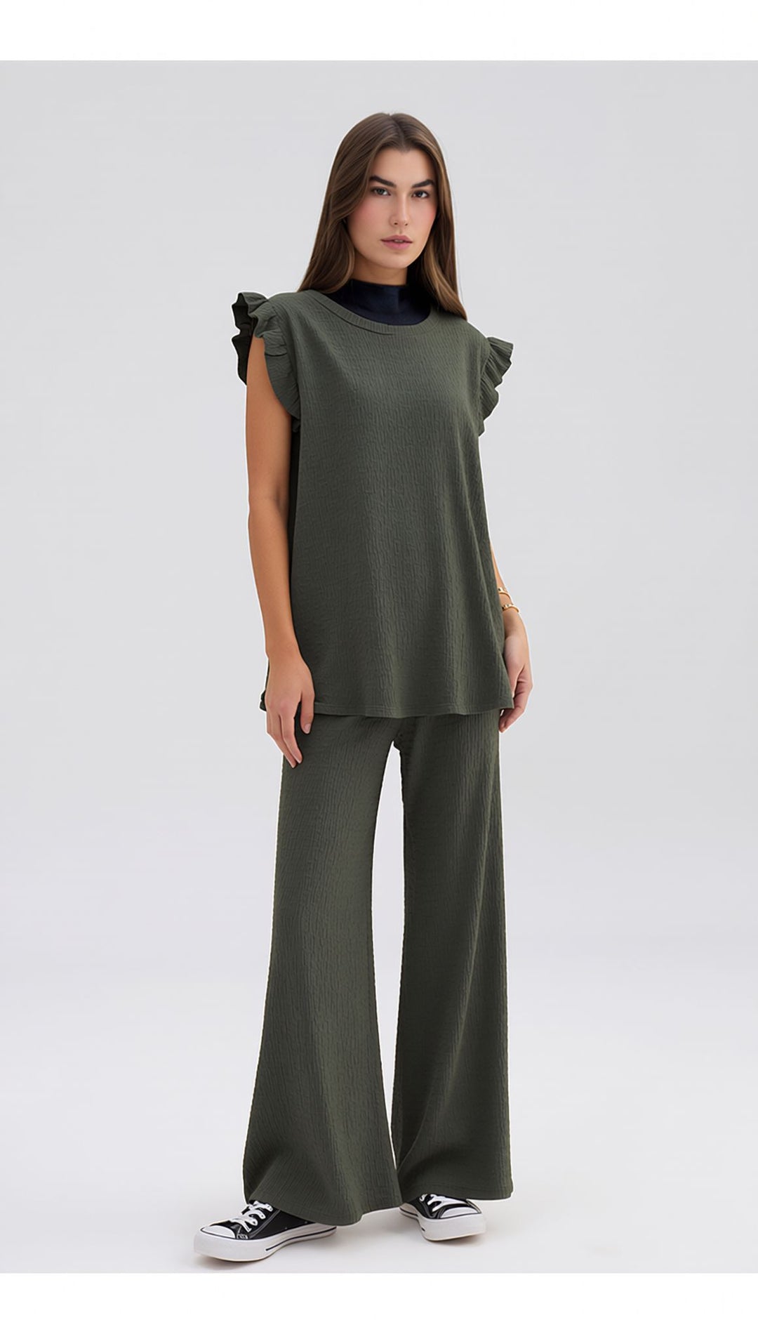 Khaki Green Textured Frill Sleeve Co-Ord Lounge Set Wide Leg Trousers Two Piece Outfit