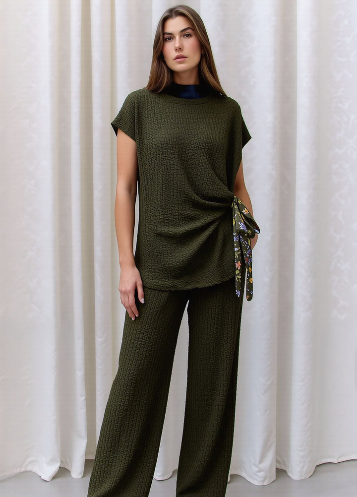 Khaki Green Textured Side Scarf Tie Two Piece Trouser Set Short Sleeve Top & Wide Leg Trousers
