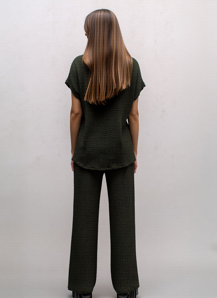 Khaki Green Textured Side Scarf Tie Two Piece Trouser Set Short Sleeve Top & Wide Leg Trousers