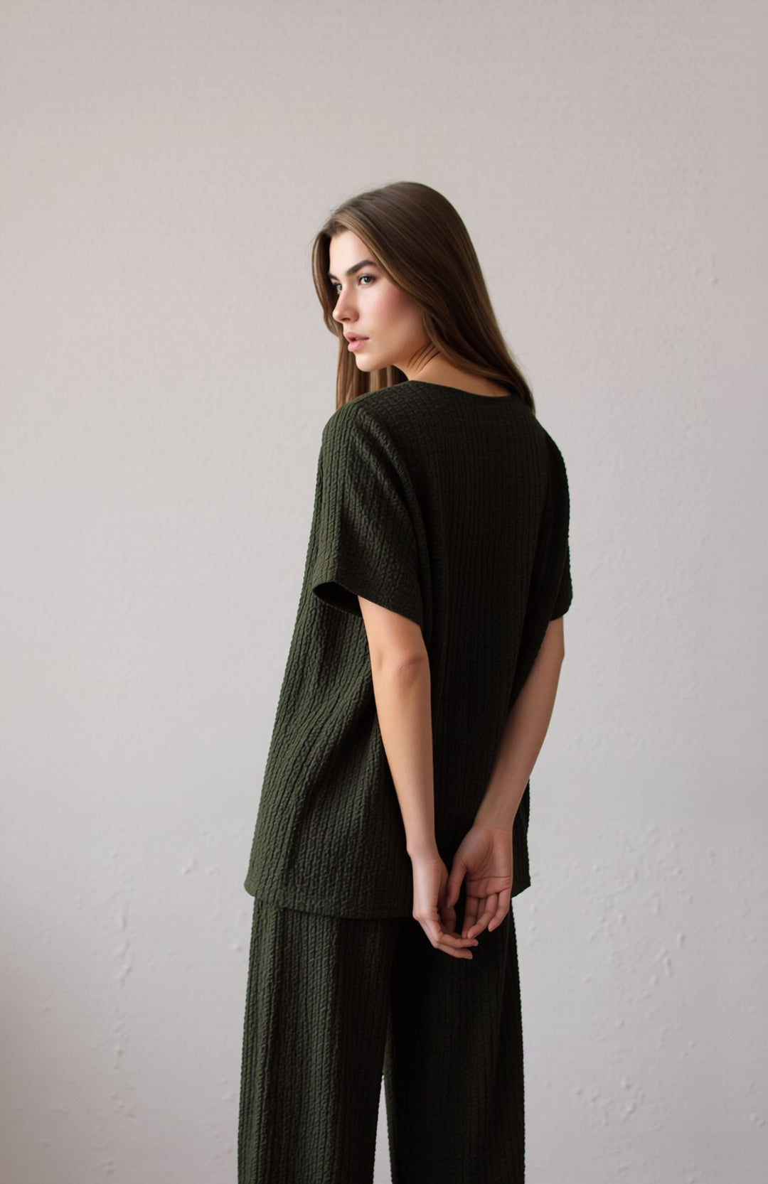 Khaki Green Textured Two Piece Co-Ord Set Relaxed Fit Overlay Top & Wide Leg Trousers