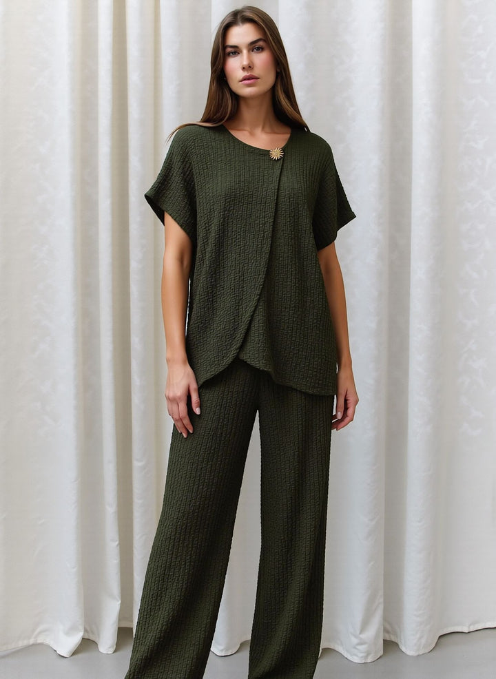 Khaki Green Textured Two Piece Co-Ord Set Relaxed Fit Overlay Top & Wide Leg Trousers