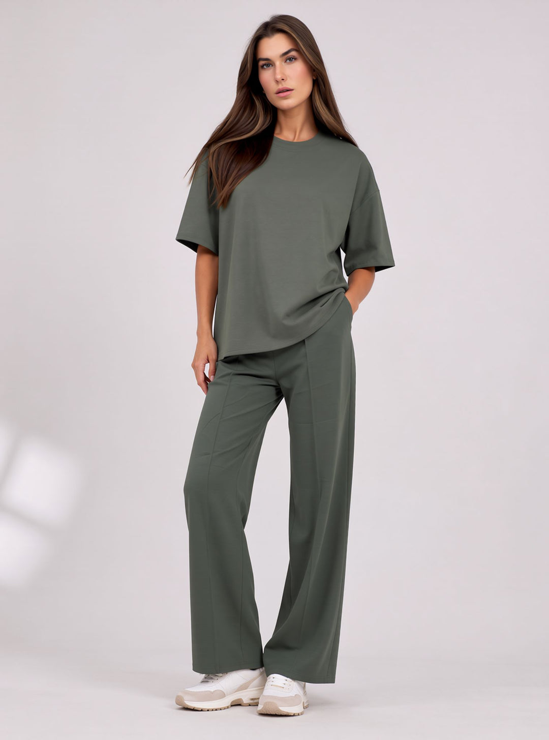 Khaki Green Two Piece Co-Ord Set Oversize Top with Seam Detail Wide Leg Trousers