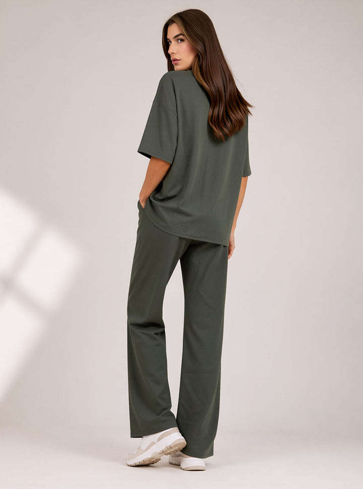 Khaki Green Two Piece Co-Ord Set Oversize Top with Seam Detail Wide Leg Trousers